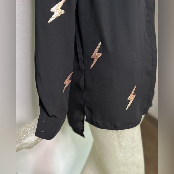 Do+Be Women’s Black Sheer Sequin Lightening Button Down Long Sleeve Top. Size S - Picture 5 of 12